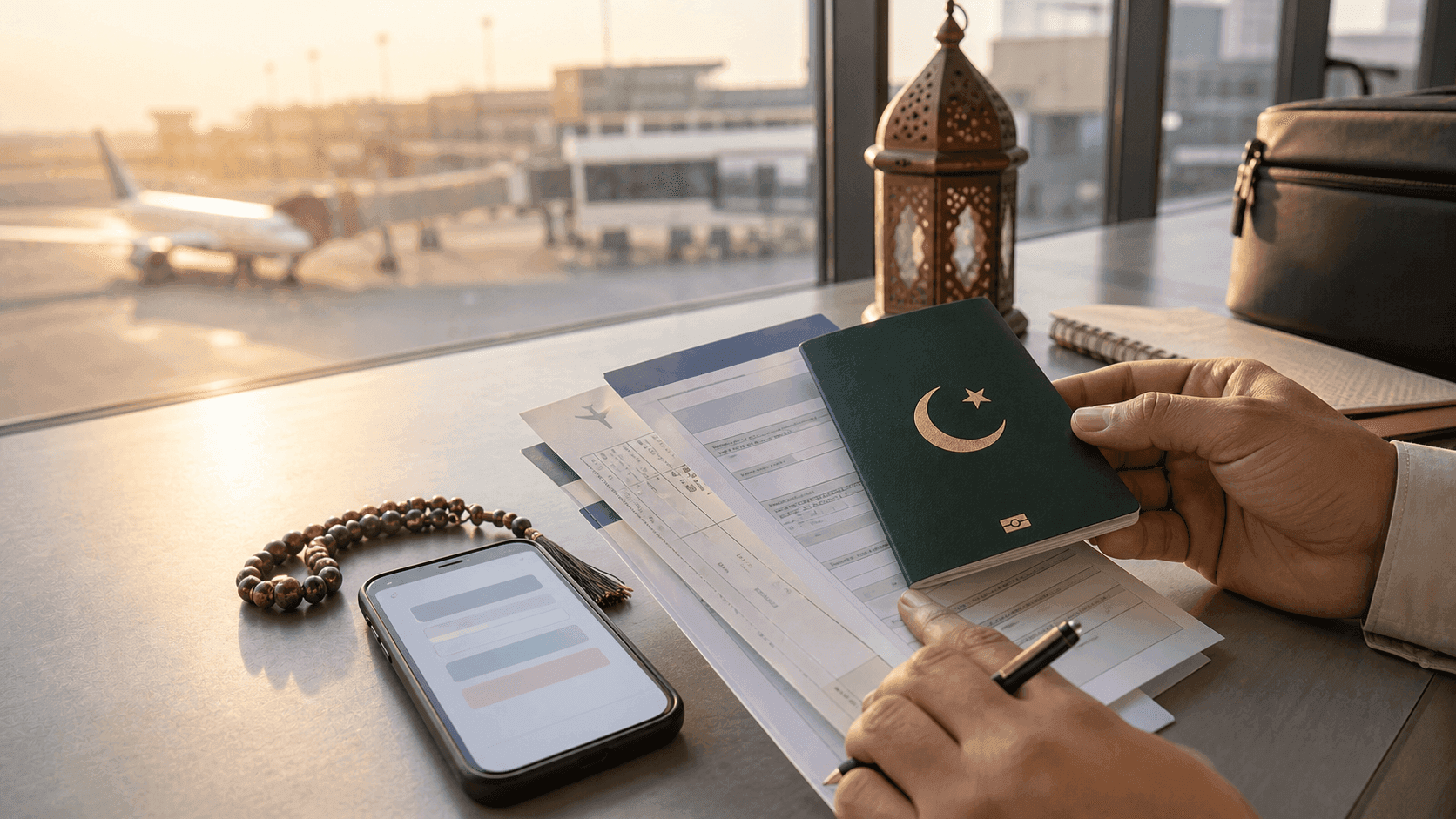Iraq Ziyarat visa guide image showing a Pakistani pilgrim preparing passport and visa documents for travel to Karbala and Najaf.
