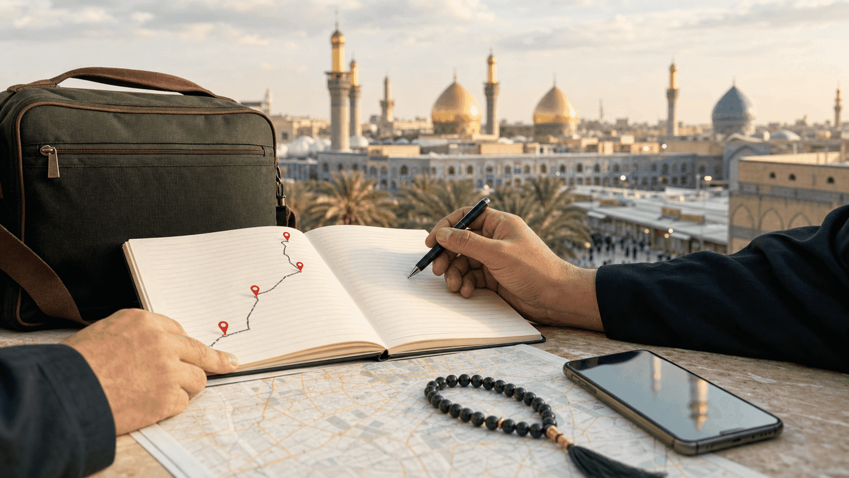 Karbala Najaf Ziyarat itinerary image showing a Pakistani pilgrim planning a route between the holy shrine cities of Iraq.