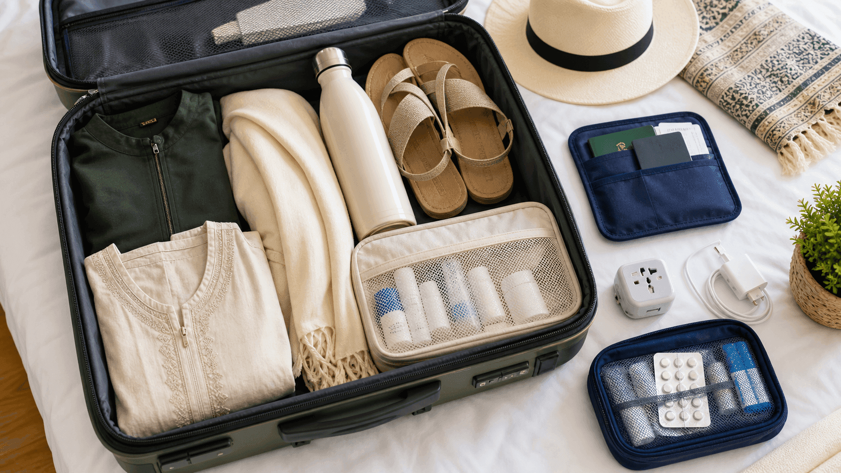 Saudi Arabia packing checklist image showing an open suitcase with documents, modest clothes, sandals, adapter and travel essentials.