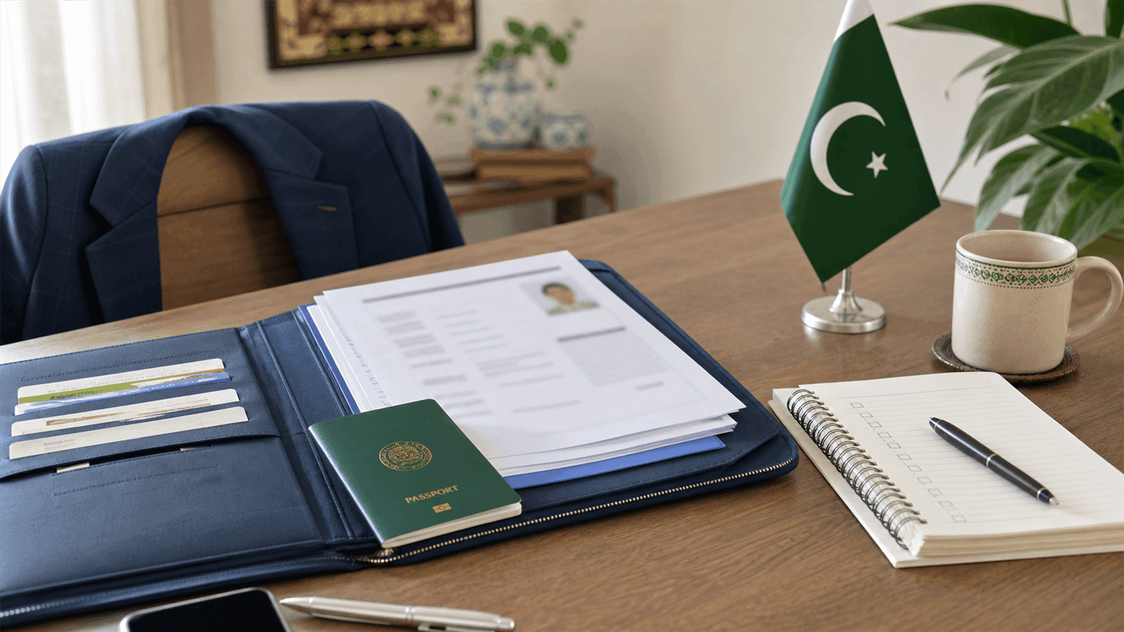 US visa interview tips illustration showing an applicant preparing documents before a consulate appointment in Pakistan.